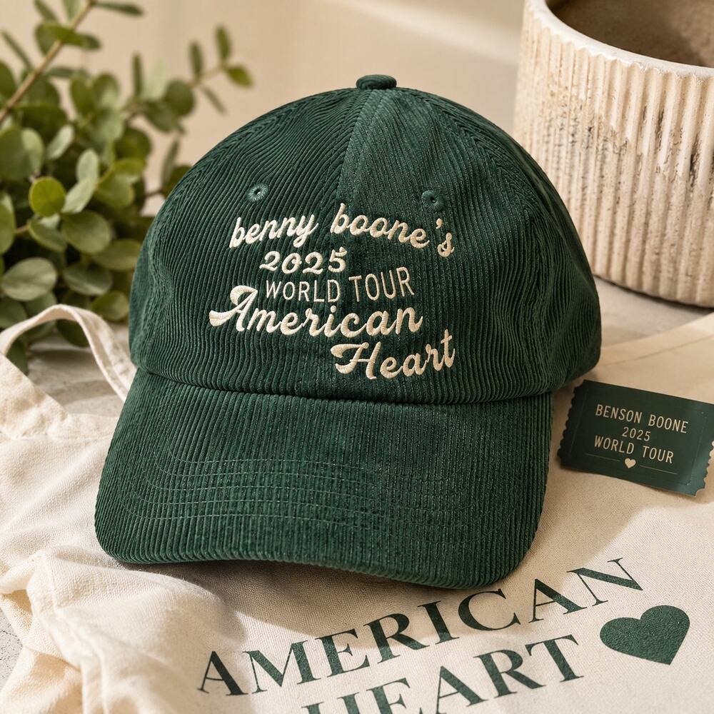 Benson Boone 2025 World Tour American Heart Corduroy Dad Hat Green